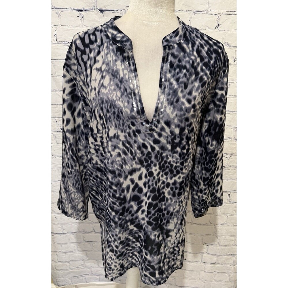 Chicos Blue & White Print Sheer Sequin V-neck Tunic Top Blouse Size 2/L/12
